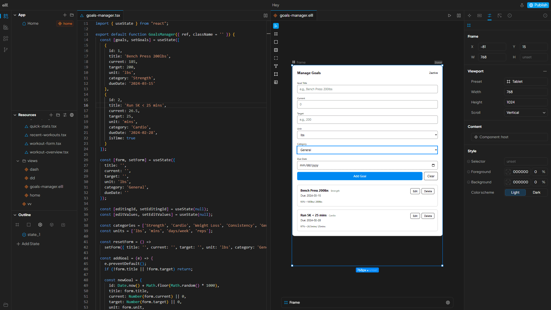 Elll editor — code and visual canvas side by side